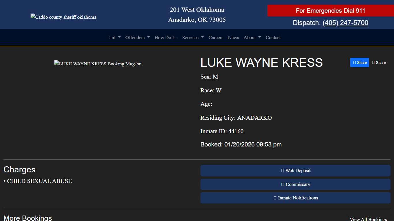 LUKE KRESS Booked at the Caddo County Jail